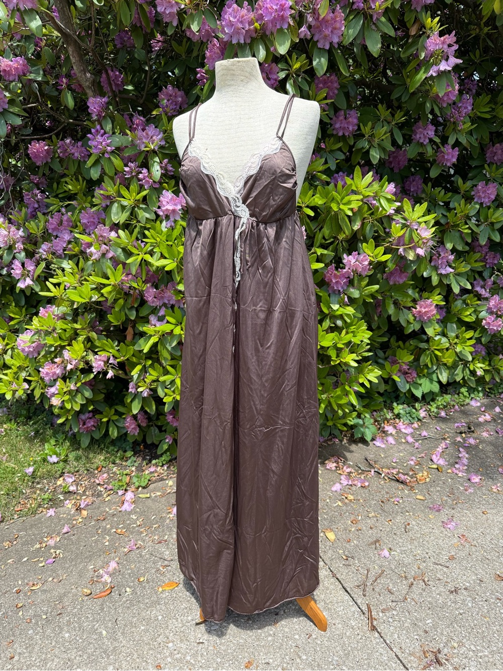 Vintage Brown Satin Lace-Trim Maxi Nightgown